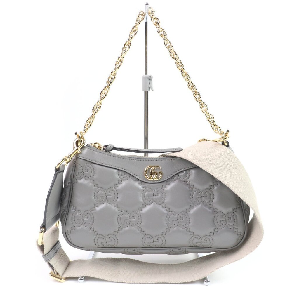 GUCCI GG Matelasse Leather Handbag Shoulder Bag Gray